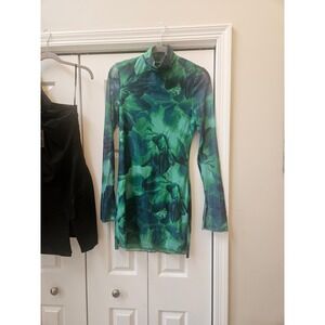 Runaway the Label Green Blue Floral Mesh Mini Dress Long Sleeve Turtleneck US 6